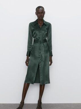 Zara Green Satin Effect Belted Midi Shirt Dress